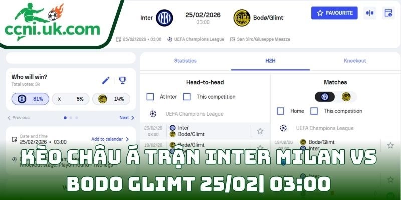 Kèo châu Á trận Inter Milan Vs Bodo Glimt (25/02| 03:00, Champions League)